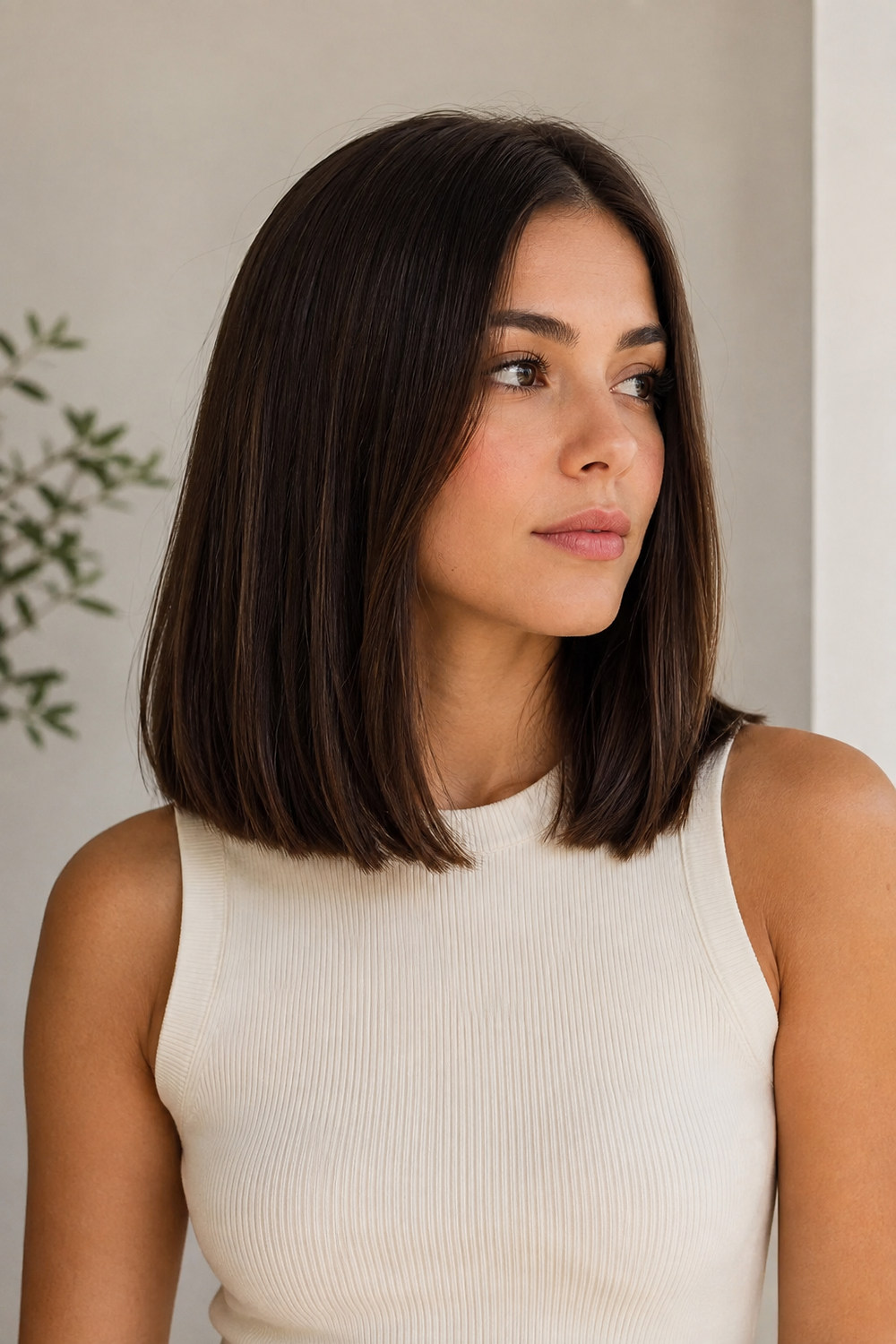 A woman with a clean shoulder-length blunt cut and only minimal soft layering.