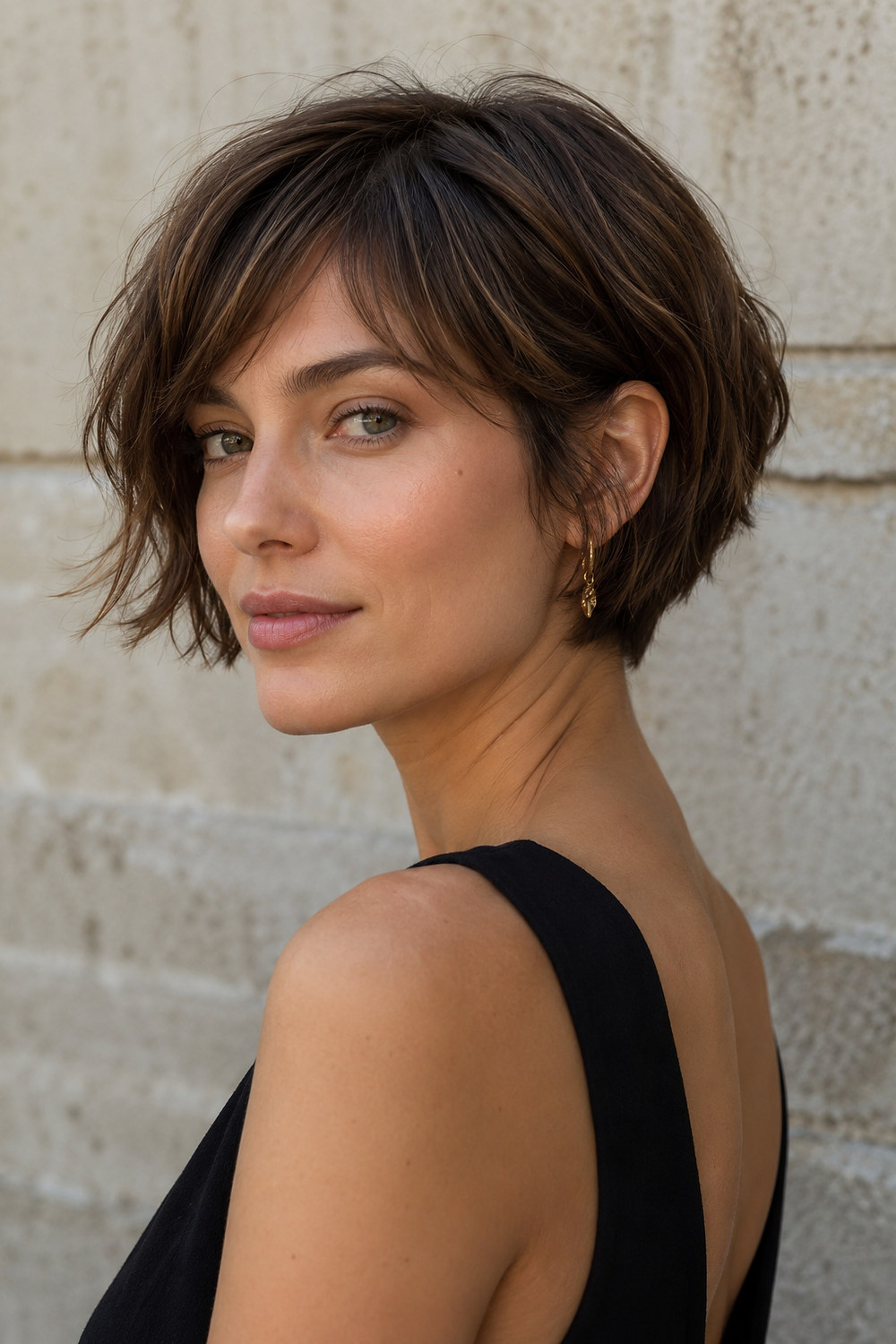 A woman with a cropped pixie-bob sitting below the ears with soft textured ends.