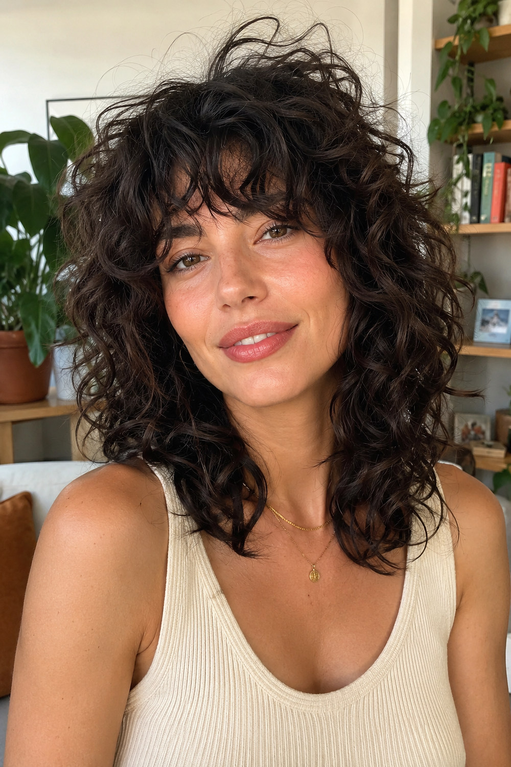 A woman with a curly shag shaped into bouncy ringlets and layered volume around the face.