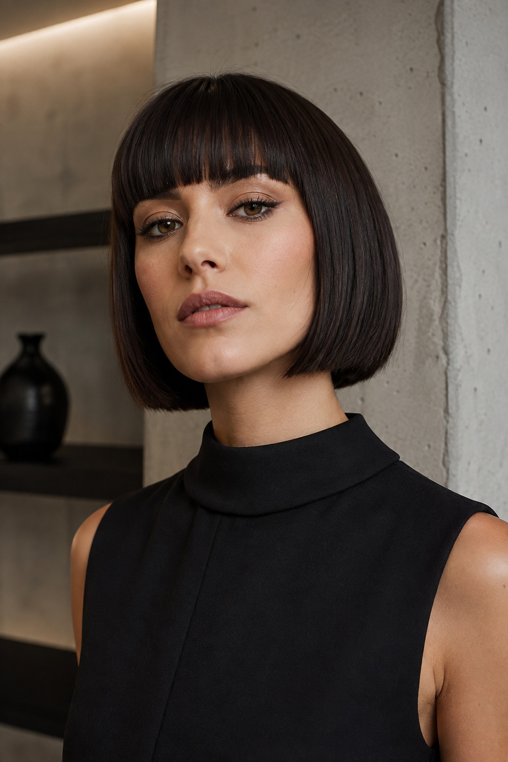 A woman with a graphic chin-length bob and straight blunt fringe across the forehead.