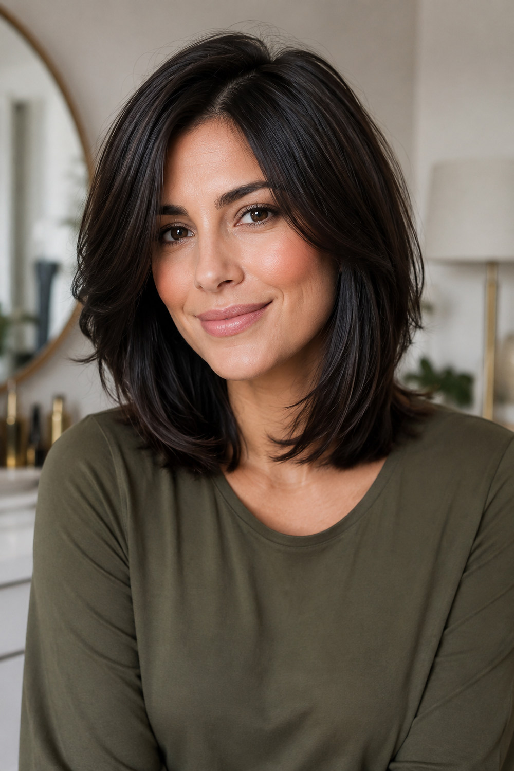 A woman with a layered long bob featuring soft movement and face-framing pieces.
