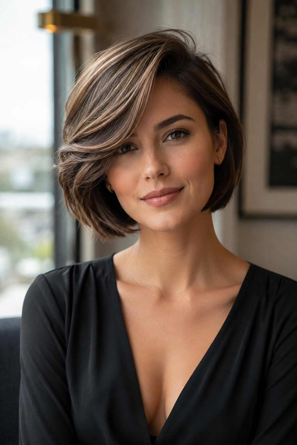 A woman with a polished side-swept bob, deep side part, and softly sweeping fringe.
