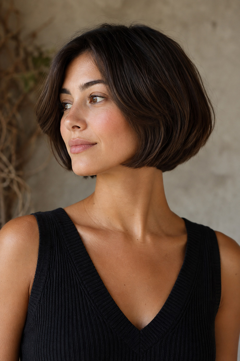 A woman with a rounded bowl-inspired bob curving softly along the jawline.