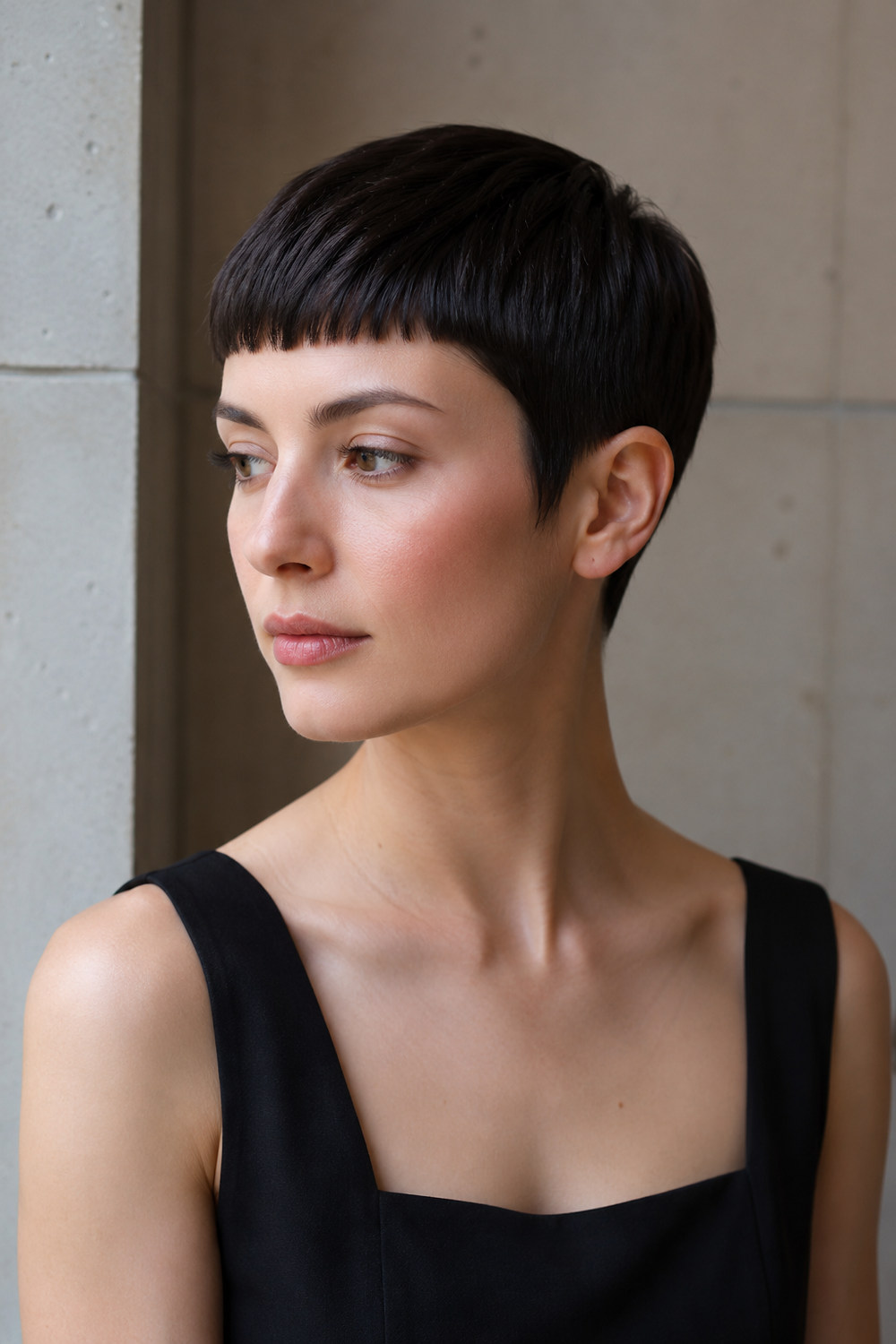 A woman with a sharp blunt pixie, geometric lines, and a short straight micro fringe.