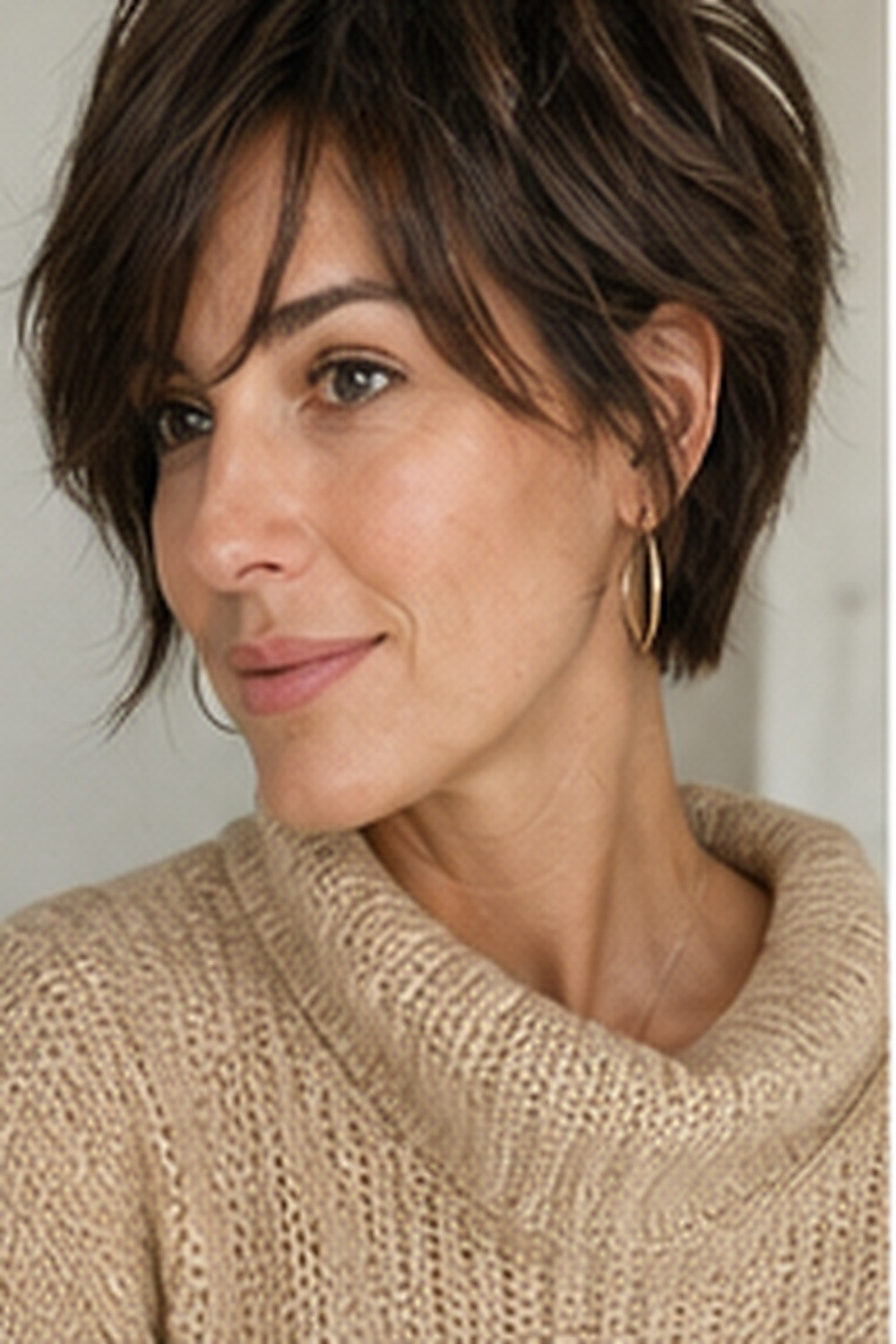 A woman with a short choppy pixie featuring piecey layers and a softly tousled fringe.