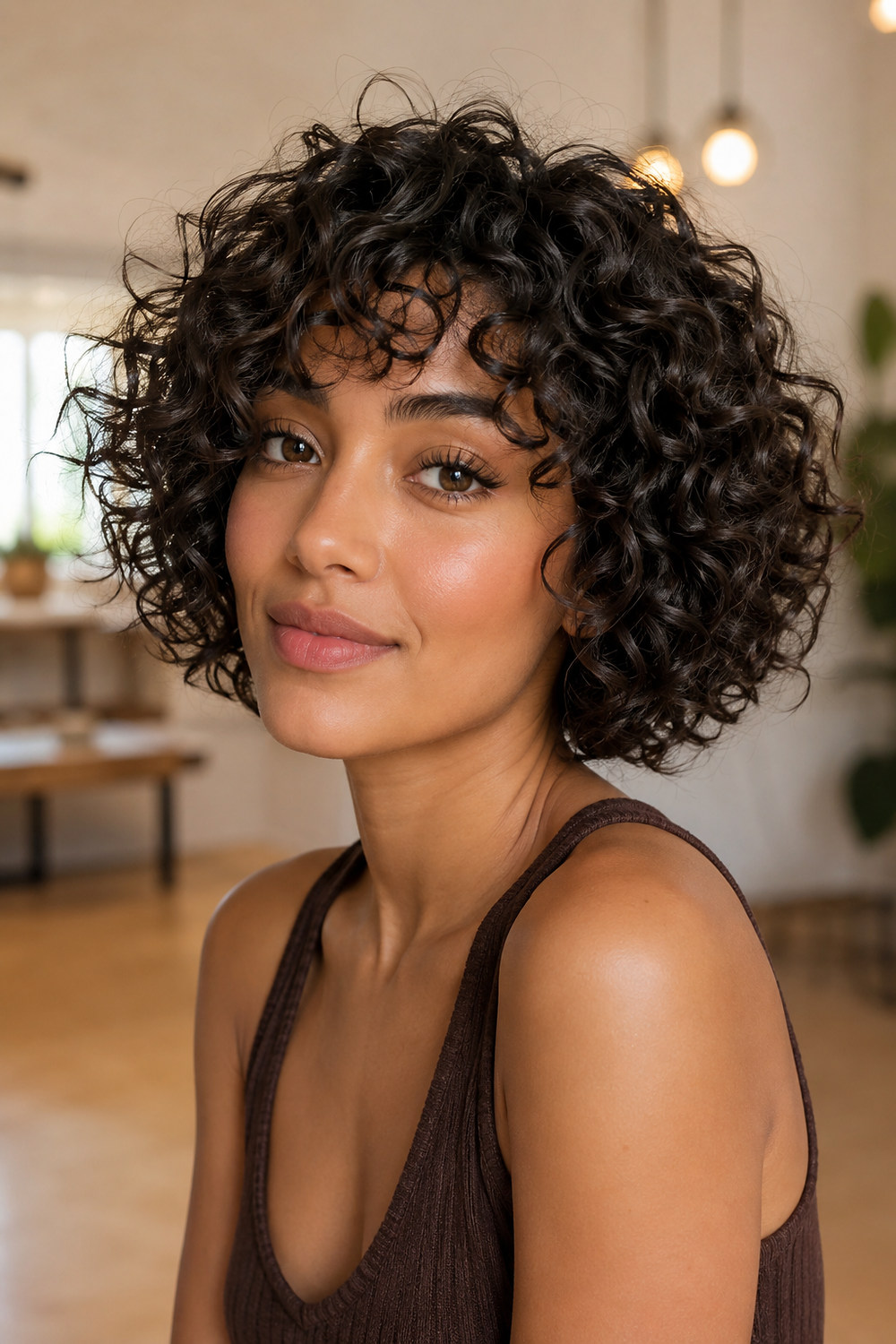 A woman with a short curly bob or bixie, defined ringlets, and natural volume.