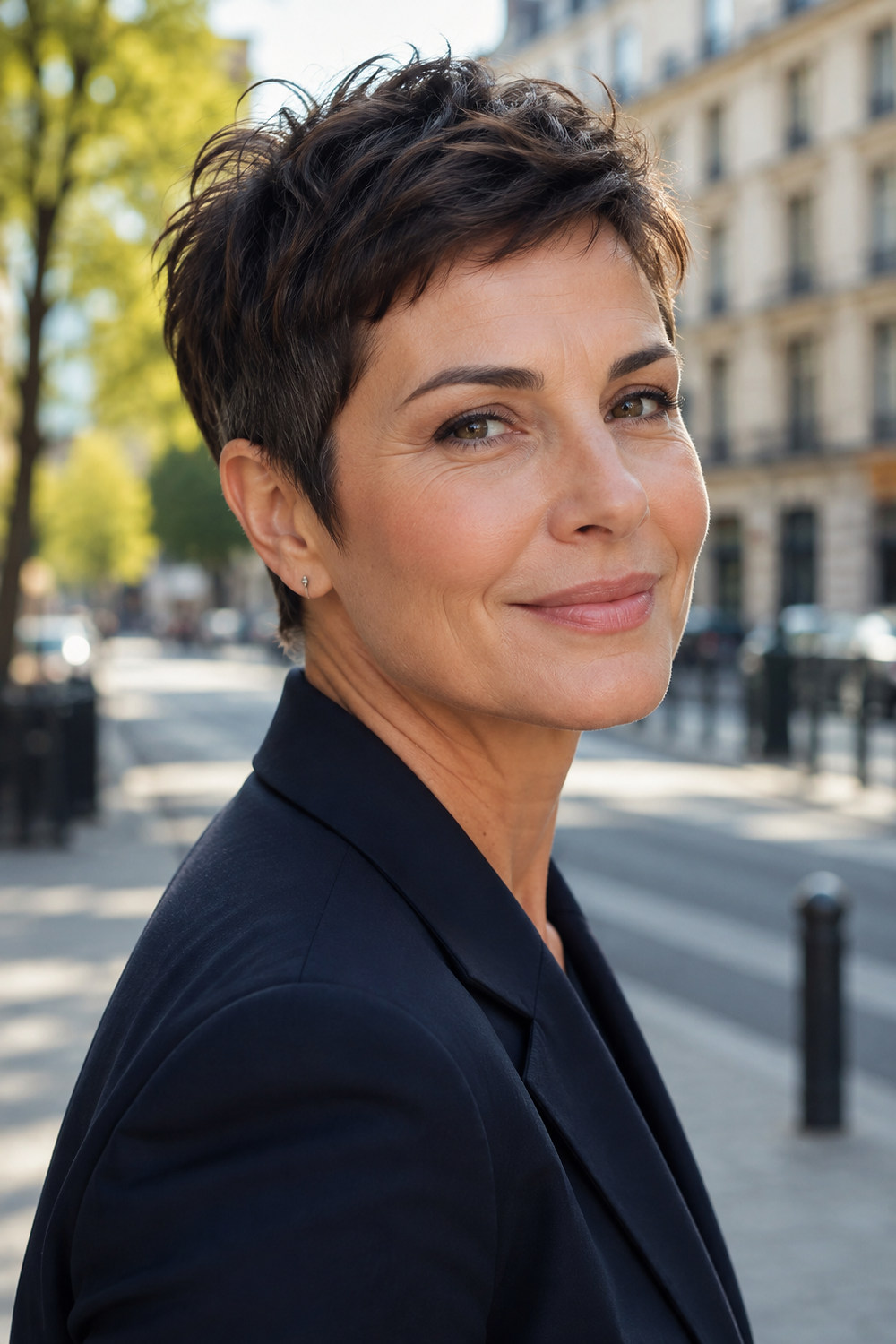A woman with a short textured pixie cut styled in an effortless wash-and-go finish.