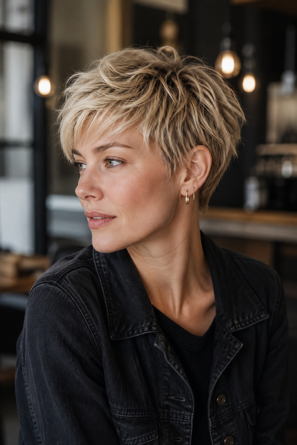 A woman with a short tousled textured crop that creates volume through piecey layers.