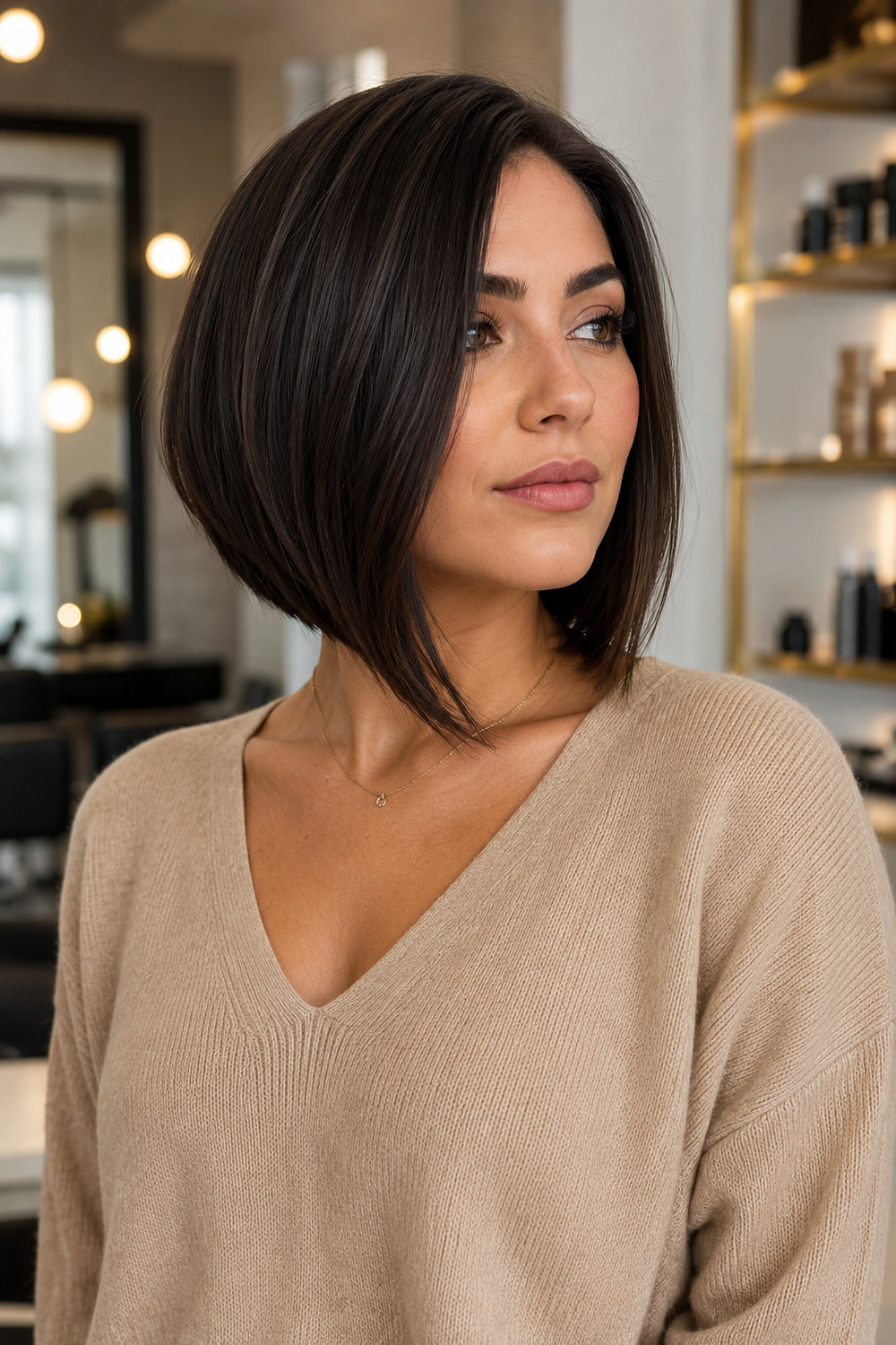 A woman with a sleek A-line bob that is shorter at the back and longer toward the front.