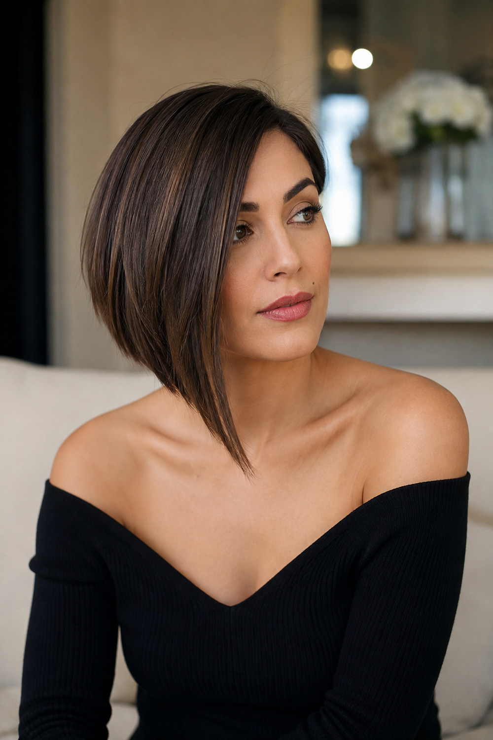 A woman with a sleek asymmetrical bob, one side visibly longer than the other.