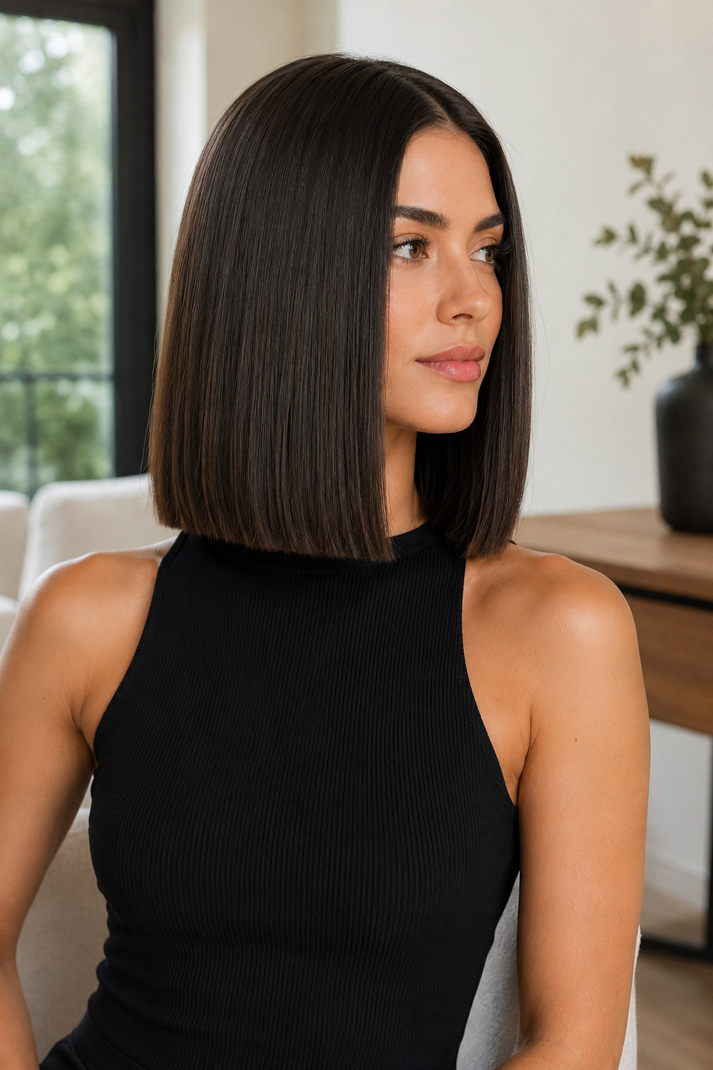 A woman with a sleek one-length lob cut in a clean blunt line at the shoulders.