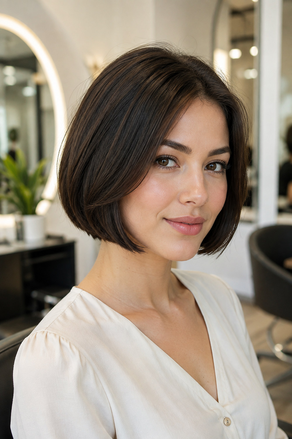 A woman with a smooth jaw-length classic bob and softly curved ends in a modern salon.