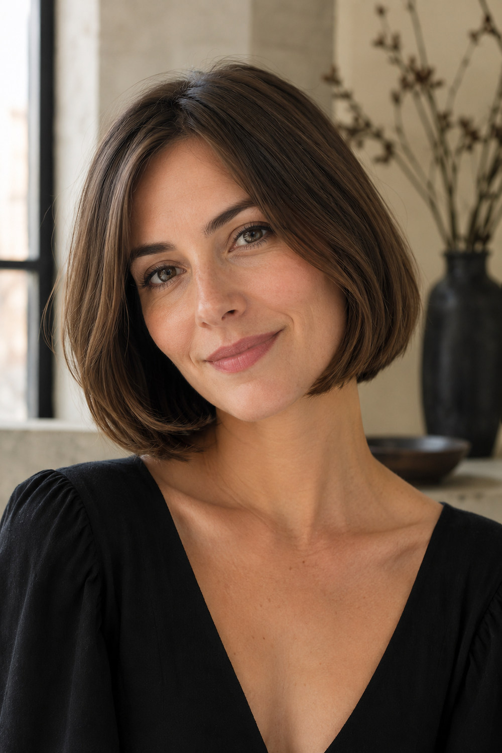A woman with a softly layered classic bob and a rounded, polished silhouette.