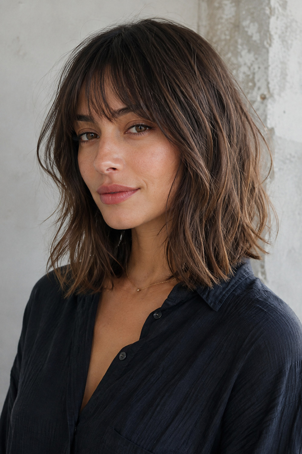 A woman with a textured shoulder-length lob and wispy bangs in a contemporary setting.