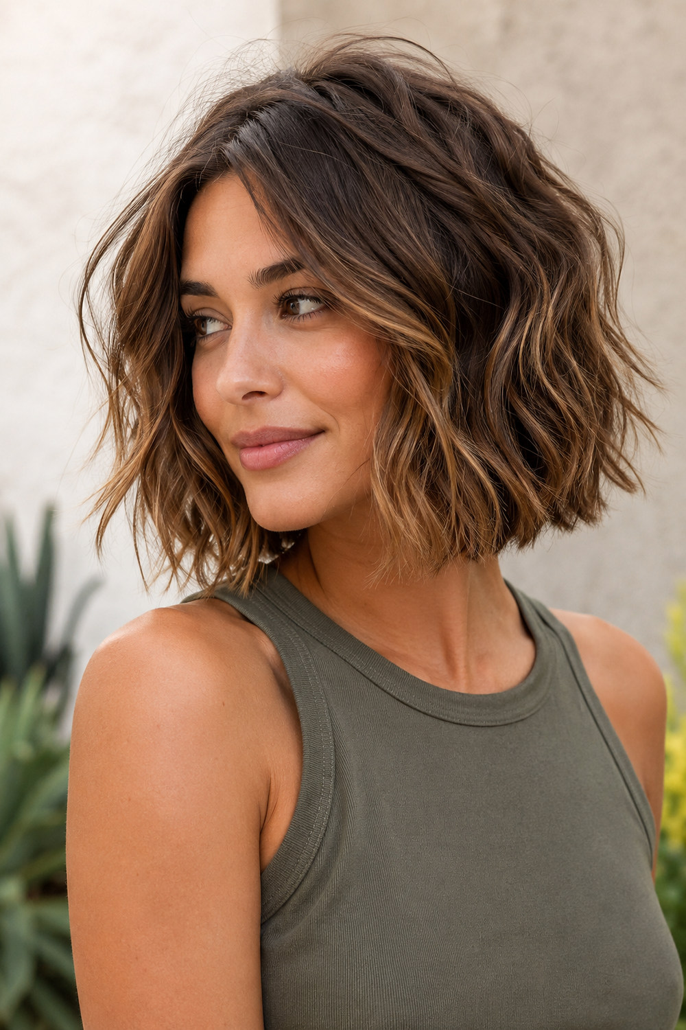 A woman with a textured wavy bob styled in loose, effortless bends.