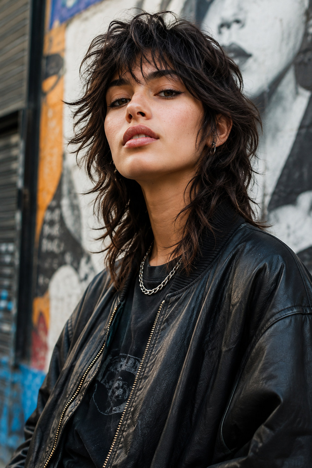 A woman with an edgy wolf cut combining shaggy layers, volume, and a longer back.
