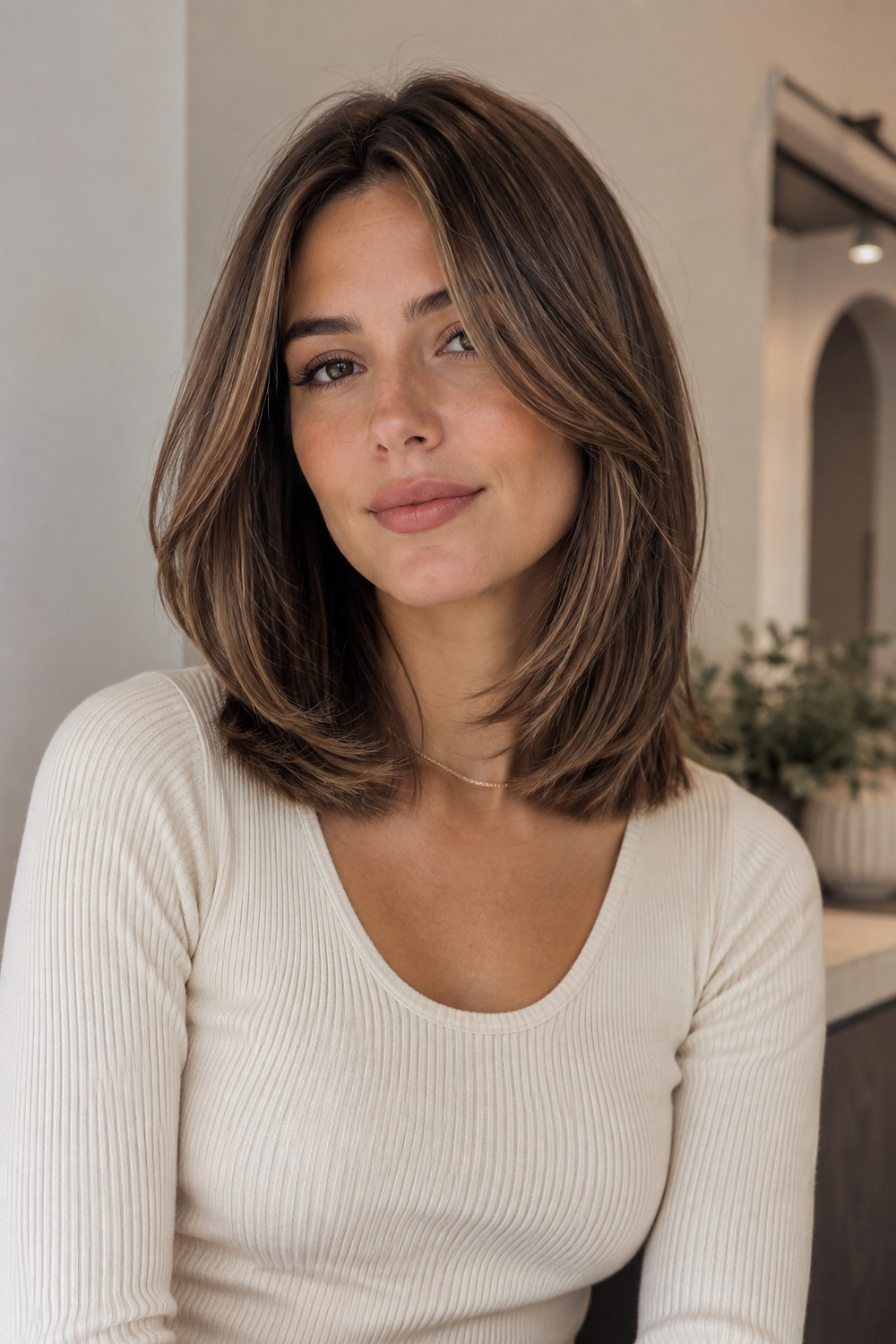 A woman with collarbone-length layers and subtle face-framing pieces in a softly lit interior.