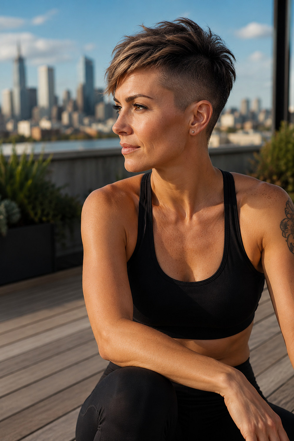 An athletic woman with an undercut pixie, closely shaved sides, and longer textured hair on top.