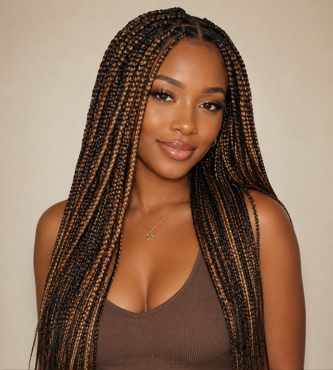 Adding highlighted extension pieces throughout knotless braids creates dimension and a sun-kissed effect without touching your natural hair color.