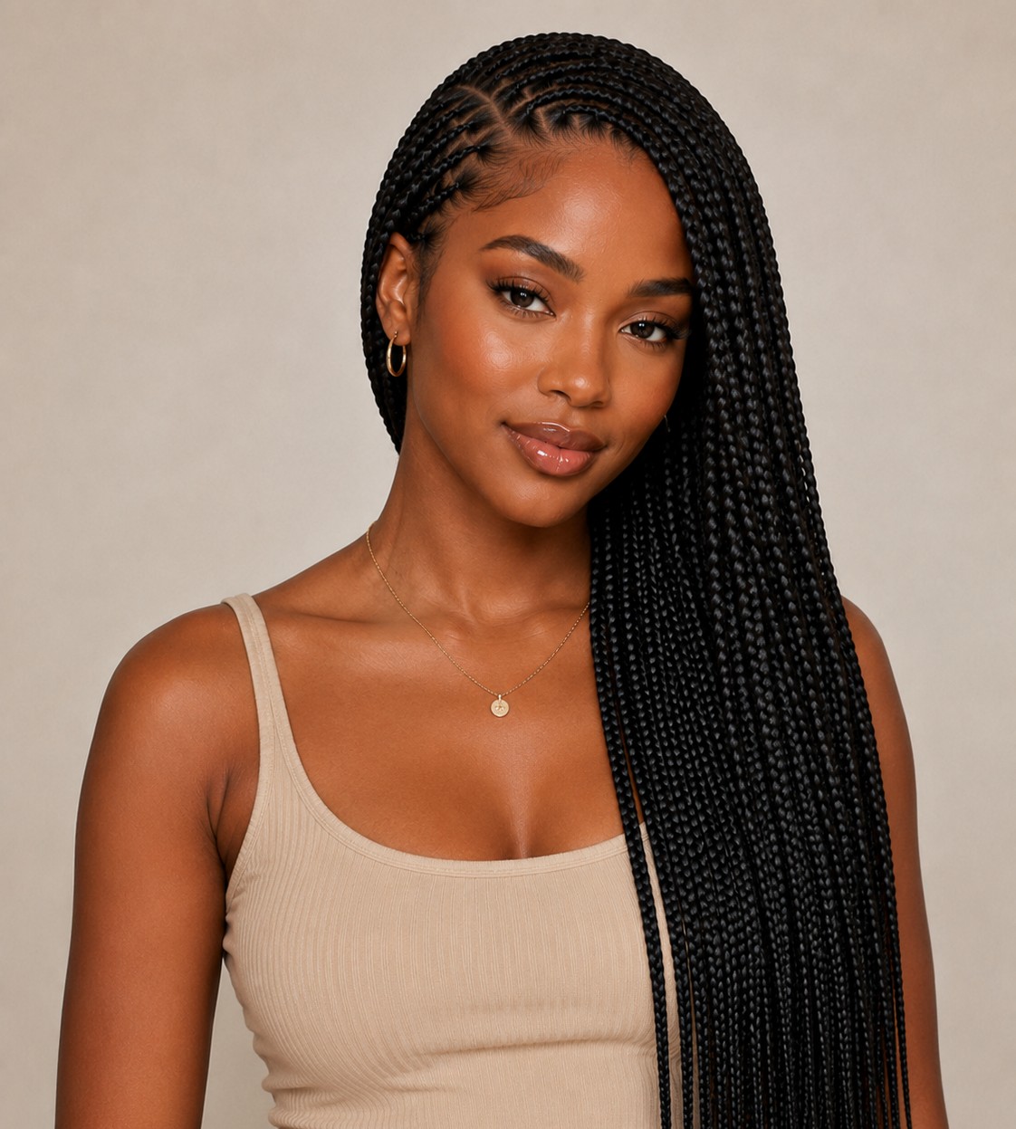 A deep side part changes the entire framing of knotless braids, creating a softer, more asymmetrical silhouette.
