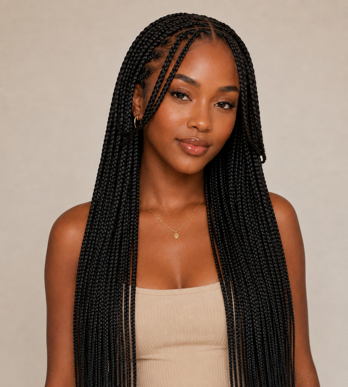 Curtain bangs braided separately at the front soften the face and add a trendy, face-framing element to the style.