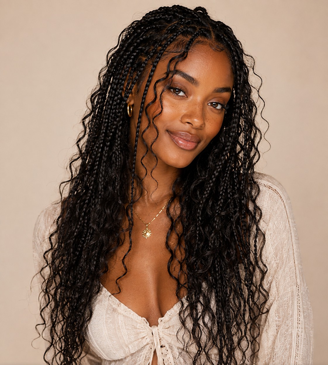 Boho knotless braids mix sleek braided sections with loose curly strands woven throughout for a soft, effortless texture.