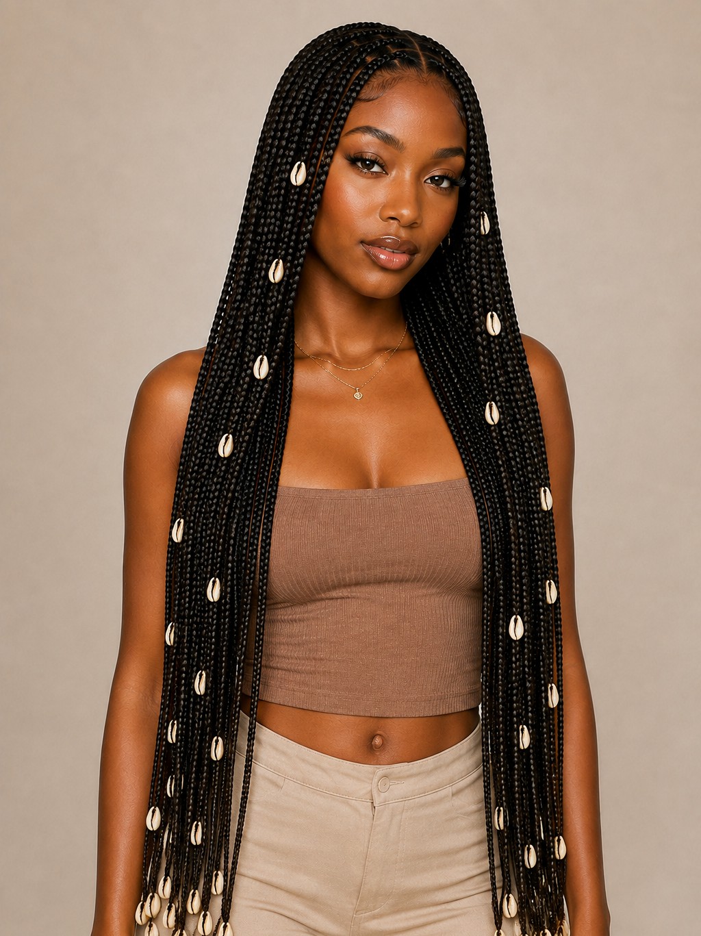 Small seashells threaded onto braid ends bring a beachy, bohemian touch perfect for summer and vacation styling.