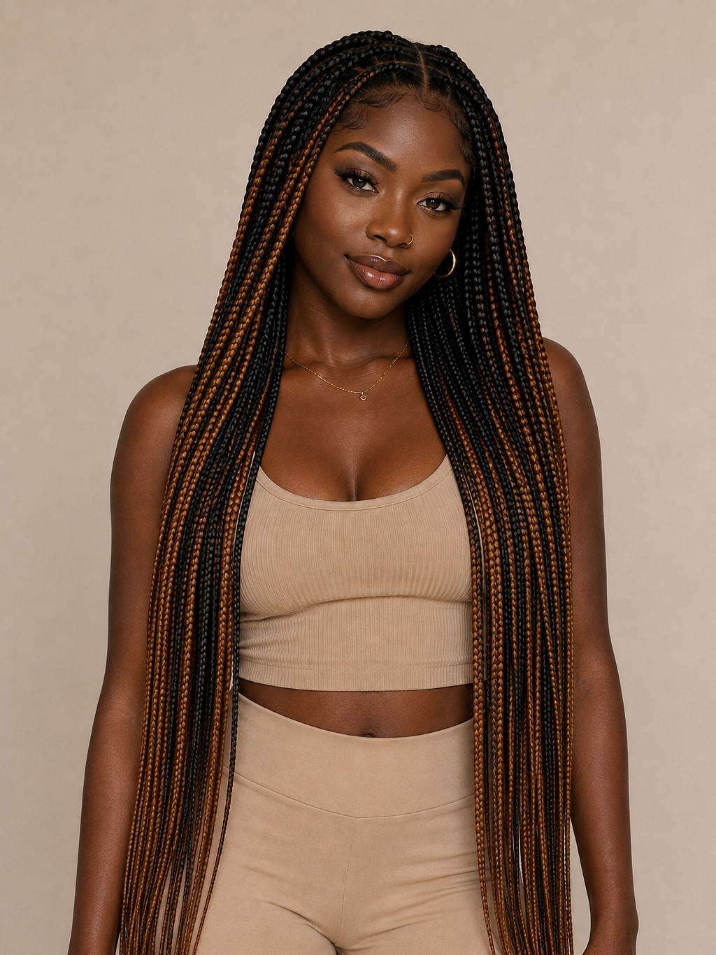 Two-tone braids alternate between two shades throughout the head, creating a striking, high-contrast braided pattern.