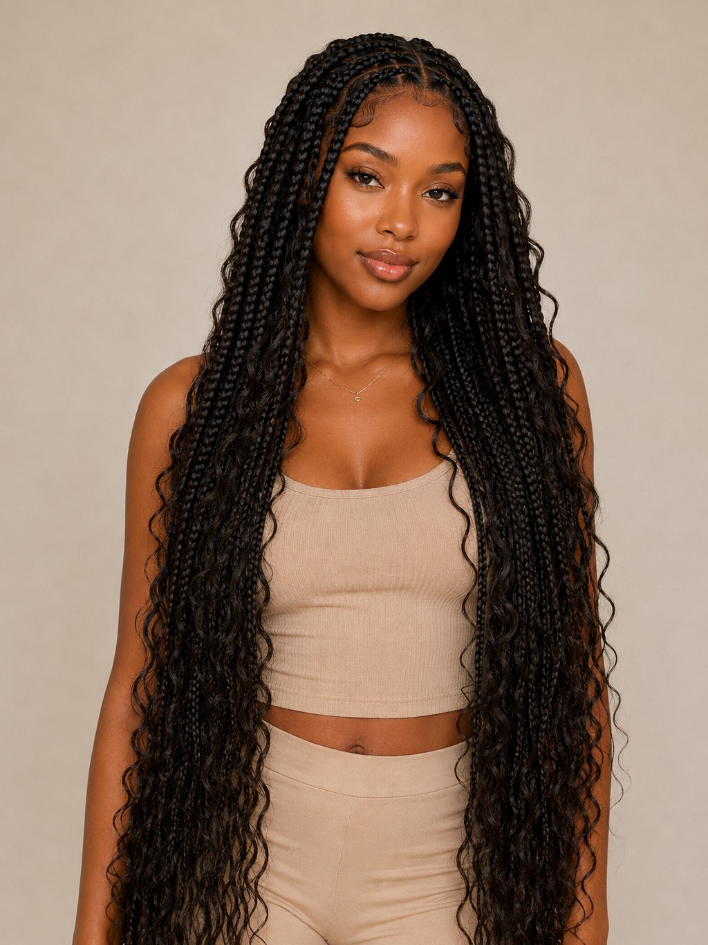 This premium version blends knotless braids with real human hair curls for the most natural, seamless texture possible.
