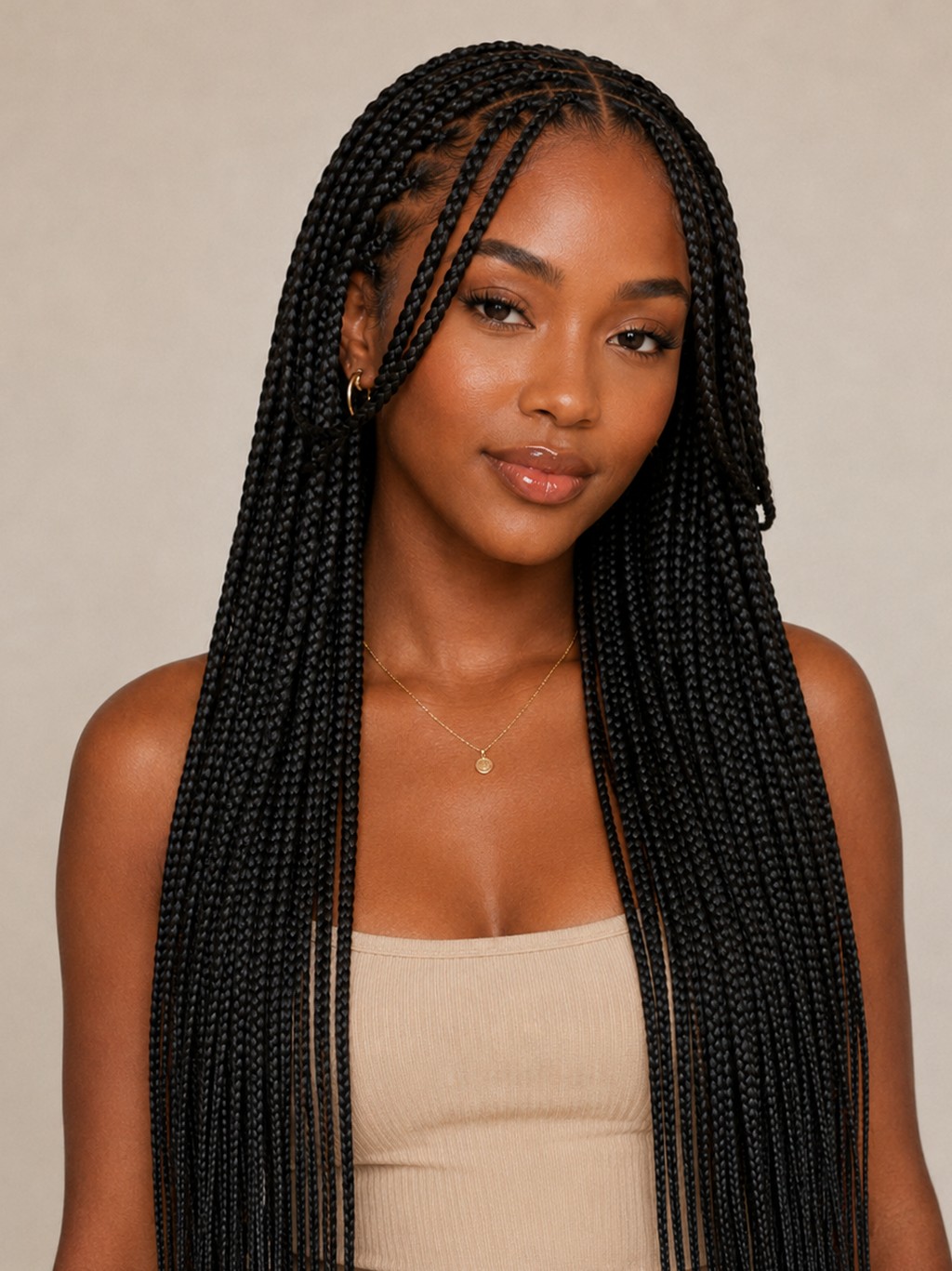 Shorter braided layers near the face soften harsh braid lines and add a flattering frame around the features.