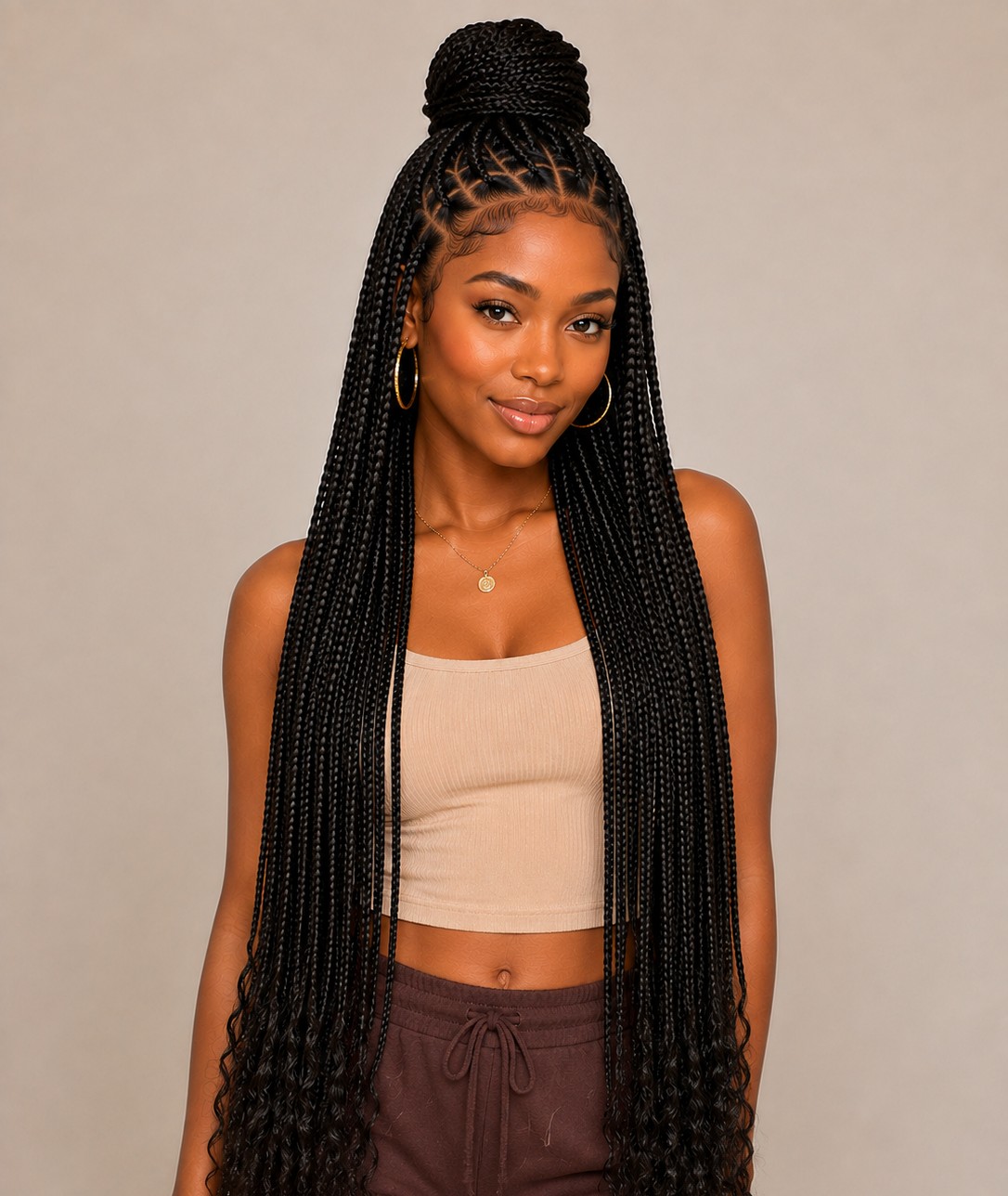 Shorter braided layers near the face soften harsh braid lines and add a flattering frame around the features.
