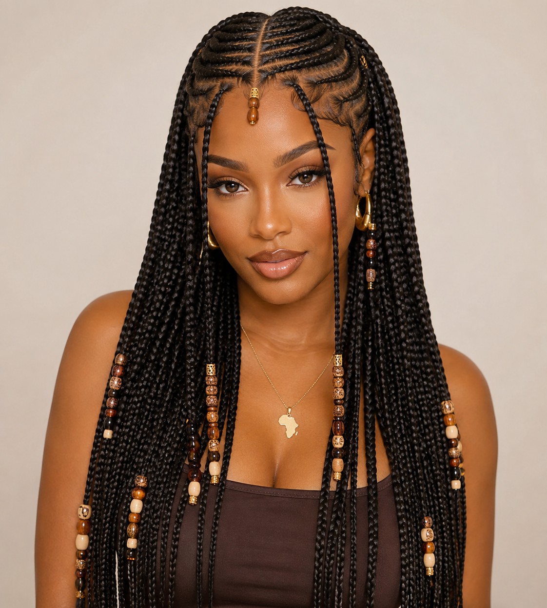 Fulani braids combine knotless box braids with a cornrowed center part and decorative beads for a striking cultural-inspired look.