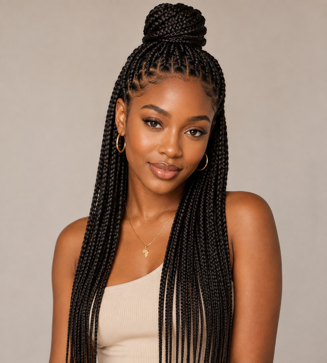 The half-up style gathers the top section of braids into a bun or ponytail while leaving the rest down.
