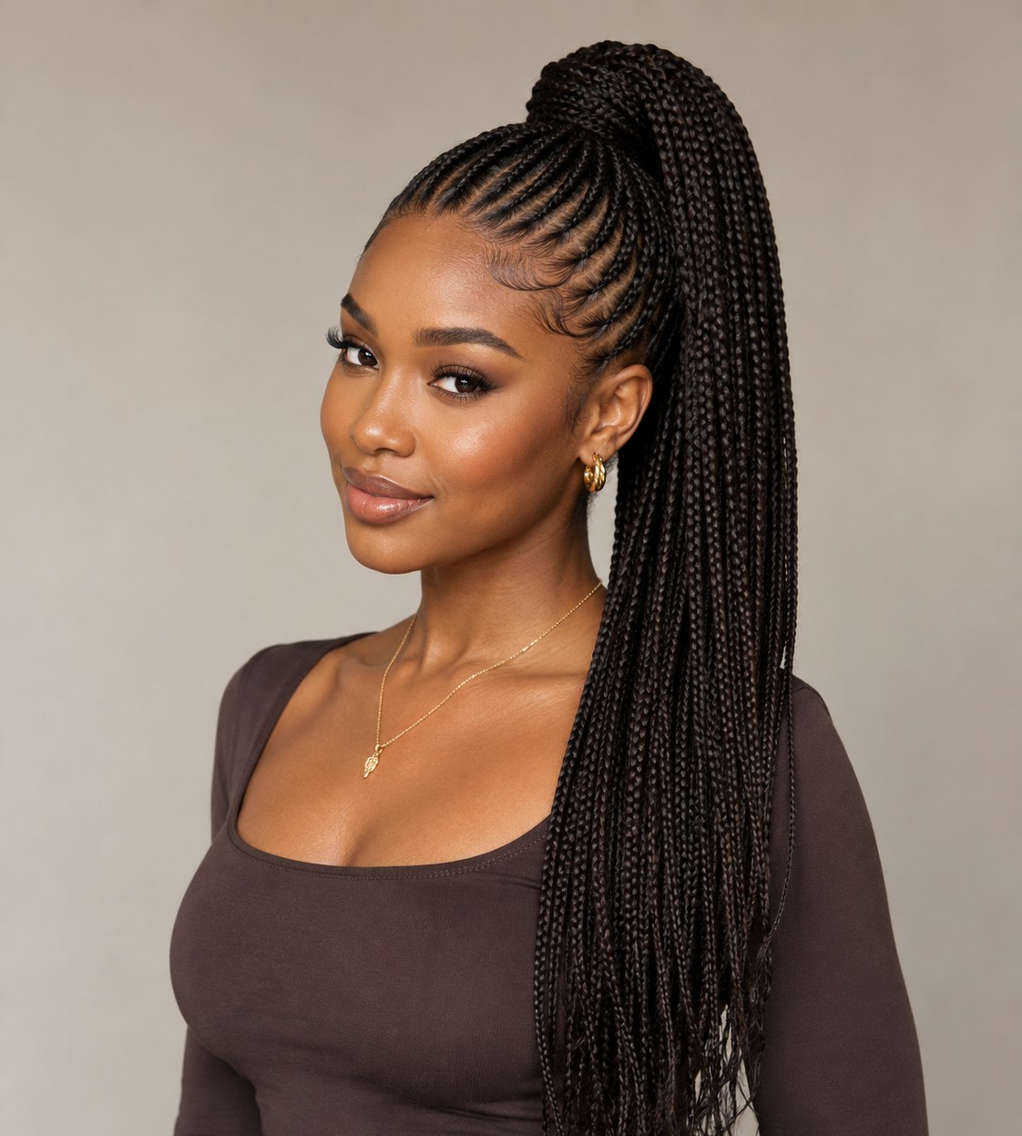 A braided ponytail gathers all knotless braids into one sleek, high or low tail for a polished, put-together look.