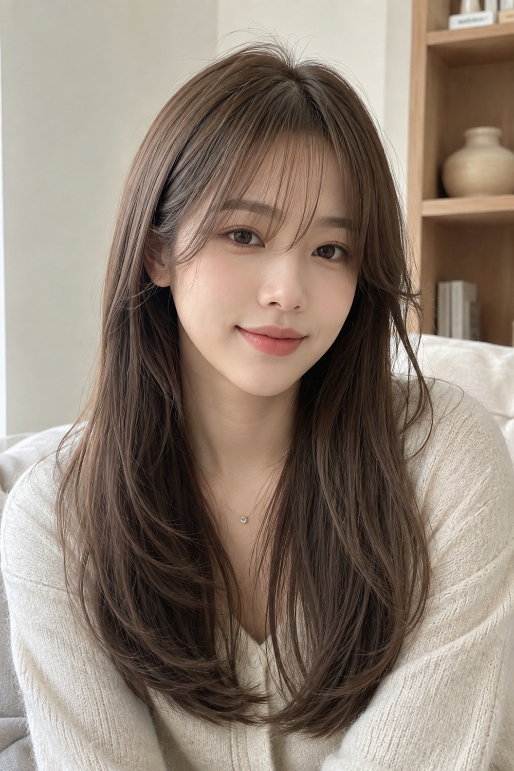 Airy long hair with delicate curtain bangs in a Korean-inspired style.