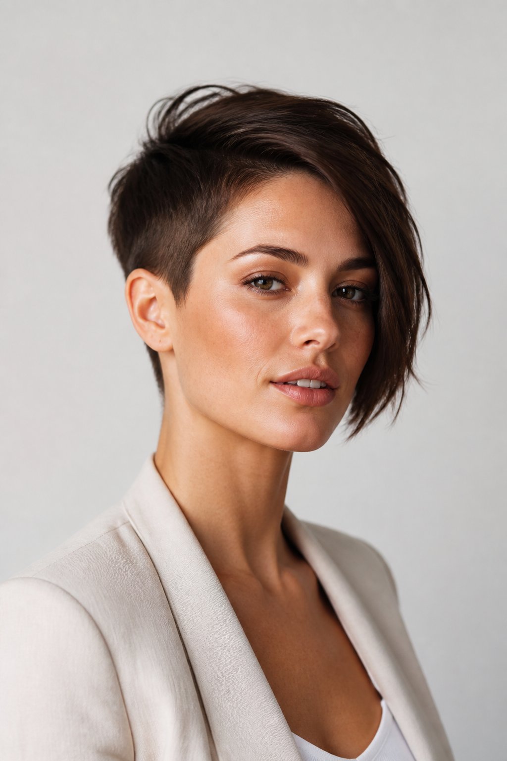 Asymmetrical pixie haircut with one side noticeably longer than the other for a dramatic editorial shape.