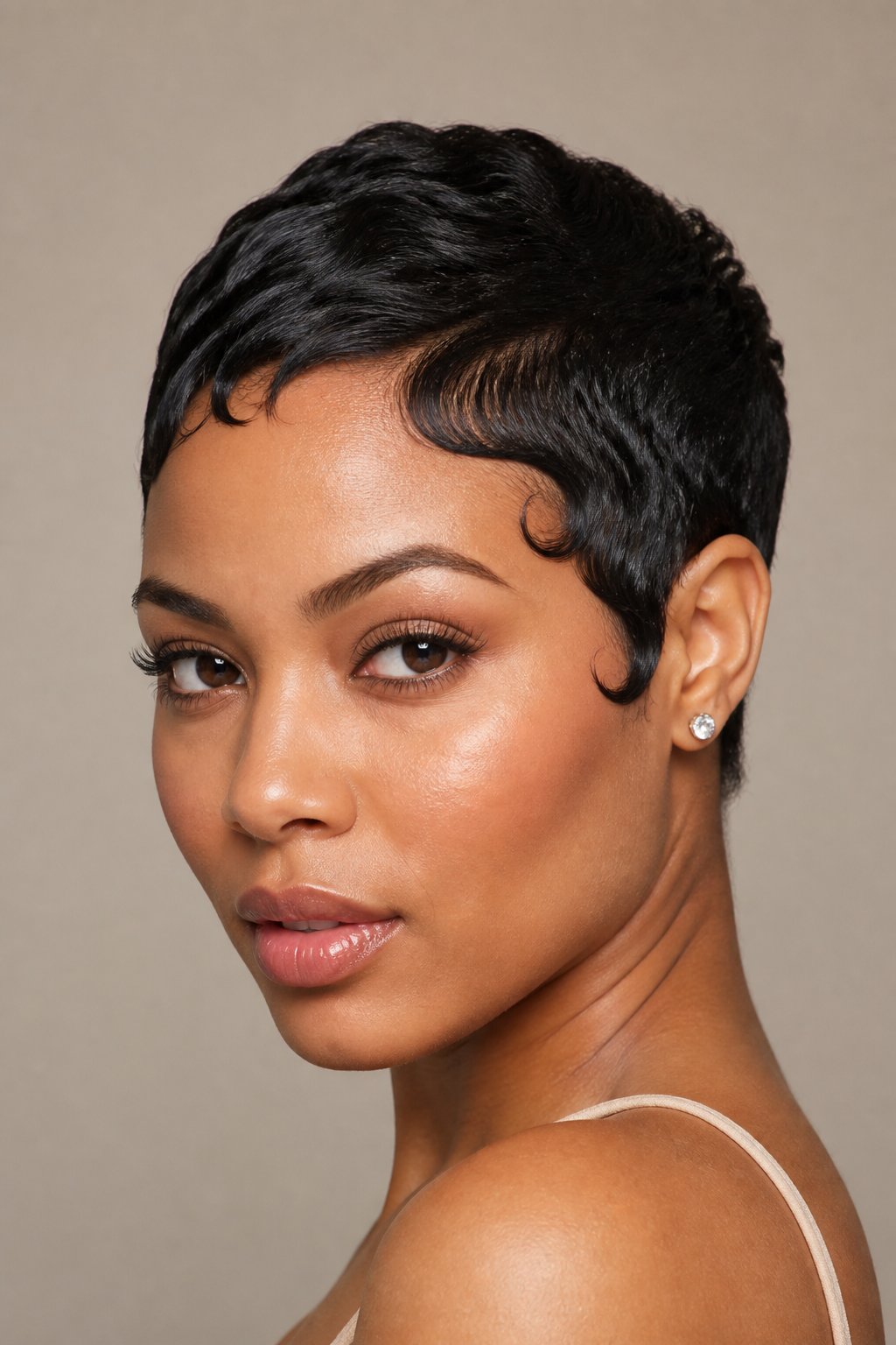 Baby-hair pixie haircut with sleek sculpted edges and neat swoops along the forehead and temples.