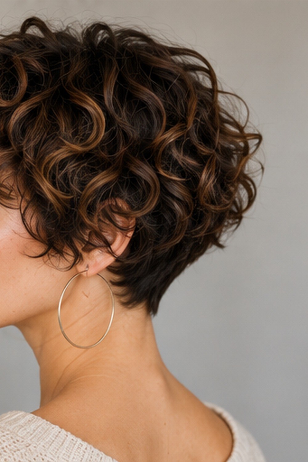 Back and side view of a curly pixie bob showing layered curls, controlled fullness, and a tapered nape.