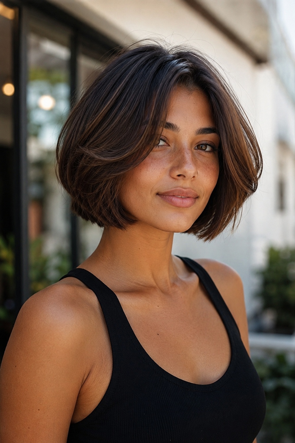 Below-chin Italian bob for a round face with length and crown volume for visual balance.