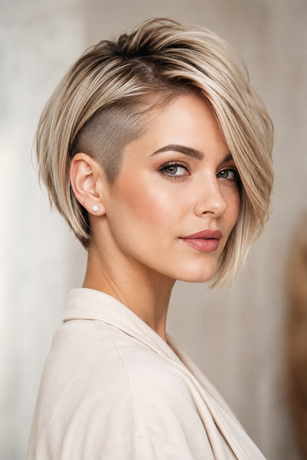 Blonde undercut pixie bob with a closely shaved side and longer swept top layers for strong contrast.