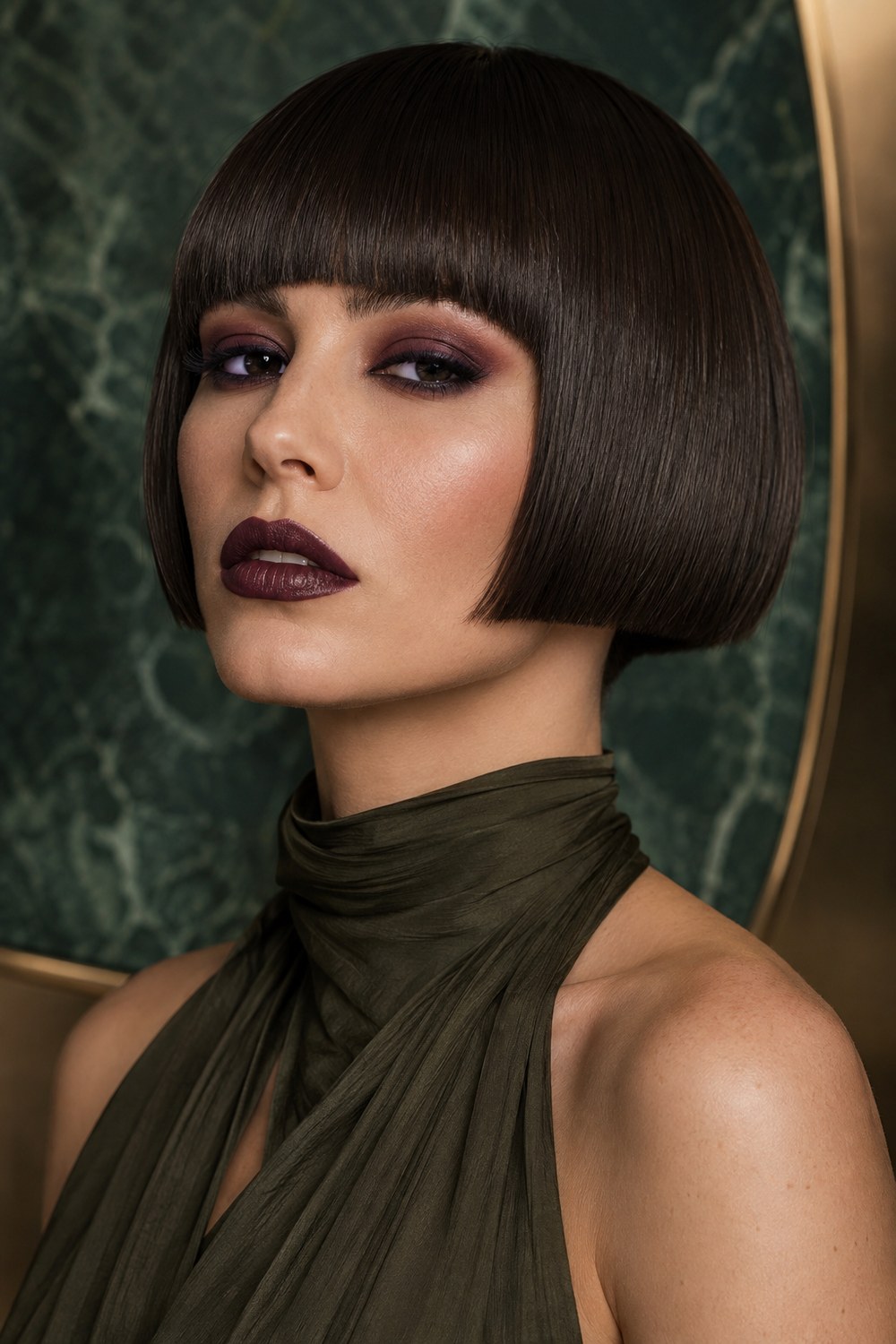 Blunt jaw-length bob with a short straight fringe for a sharp, graphic, modern finish.