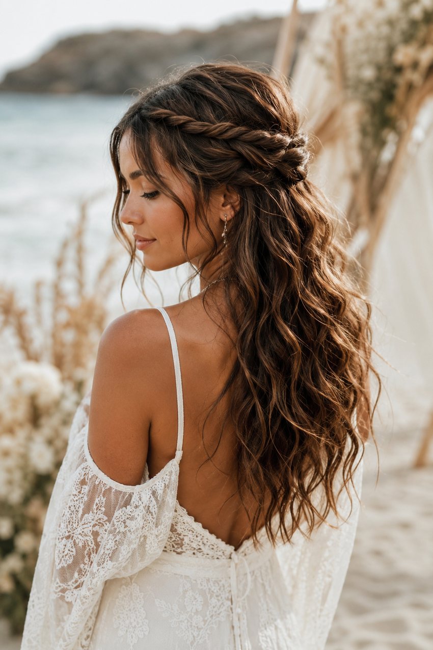 Boho half-up style with a thin braid and loose curls