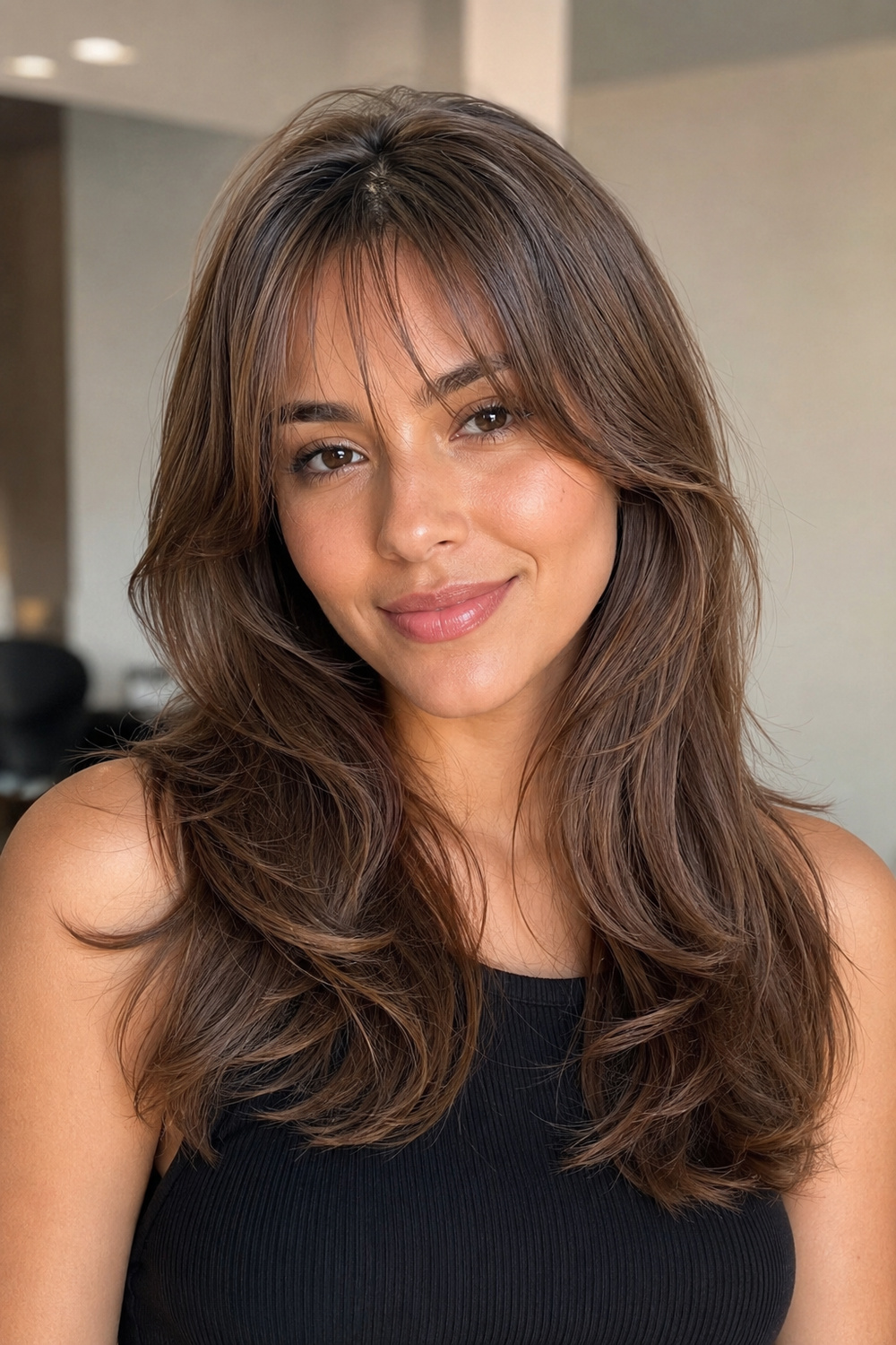 Brazilian-inspired woman with glossy long layered hair and soft full bangs.