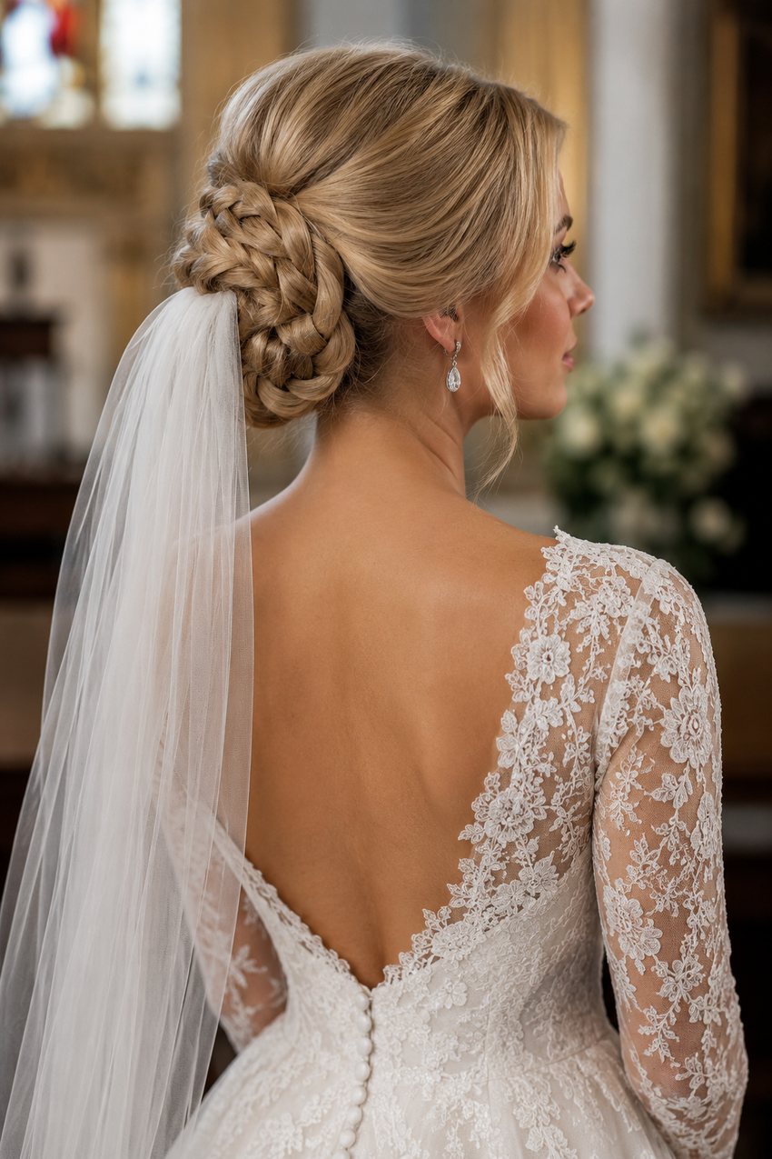 Bride wearing a veil over a braided bun