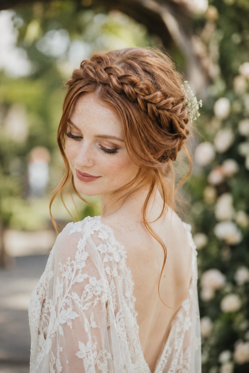 Bride with a braided crown wrapped around the head