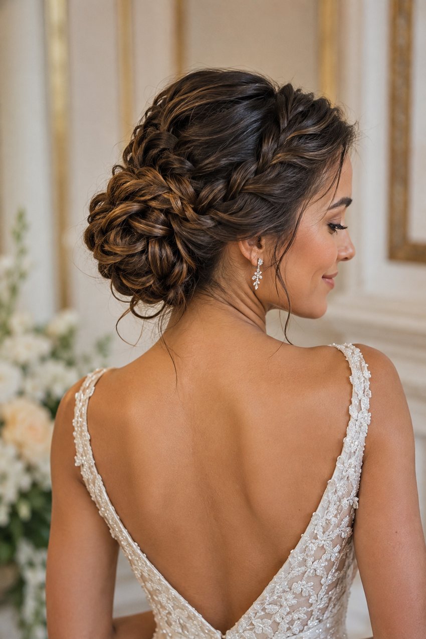 Bride with a bun made from a coiled braid