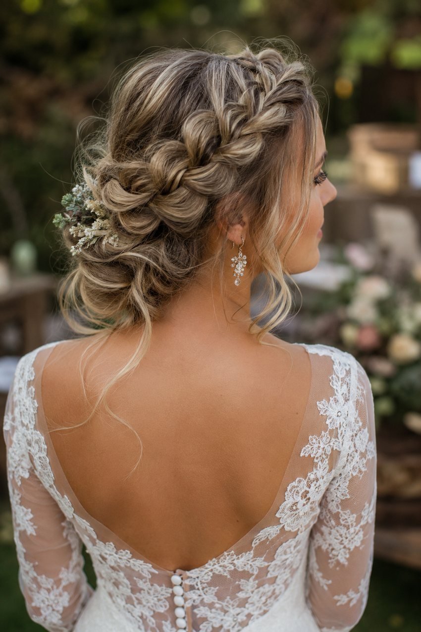 Bride with a Dutch braid crown across the head