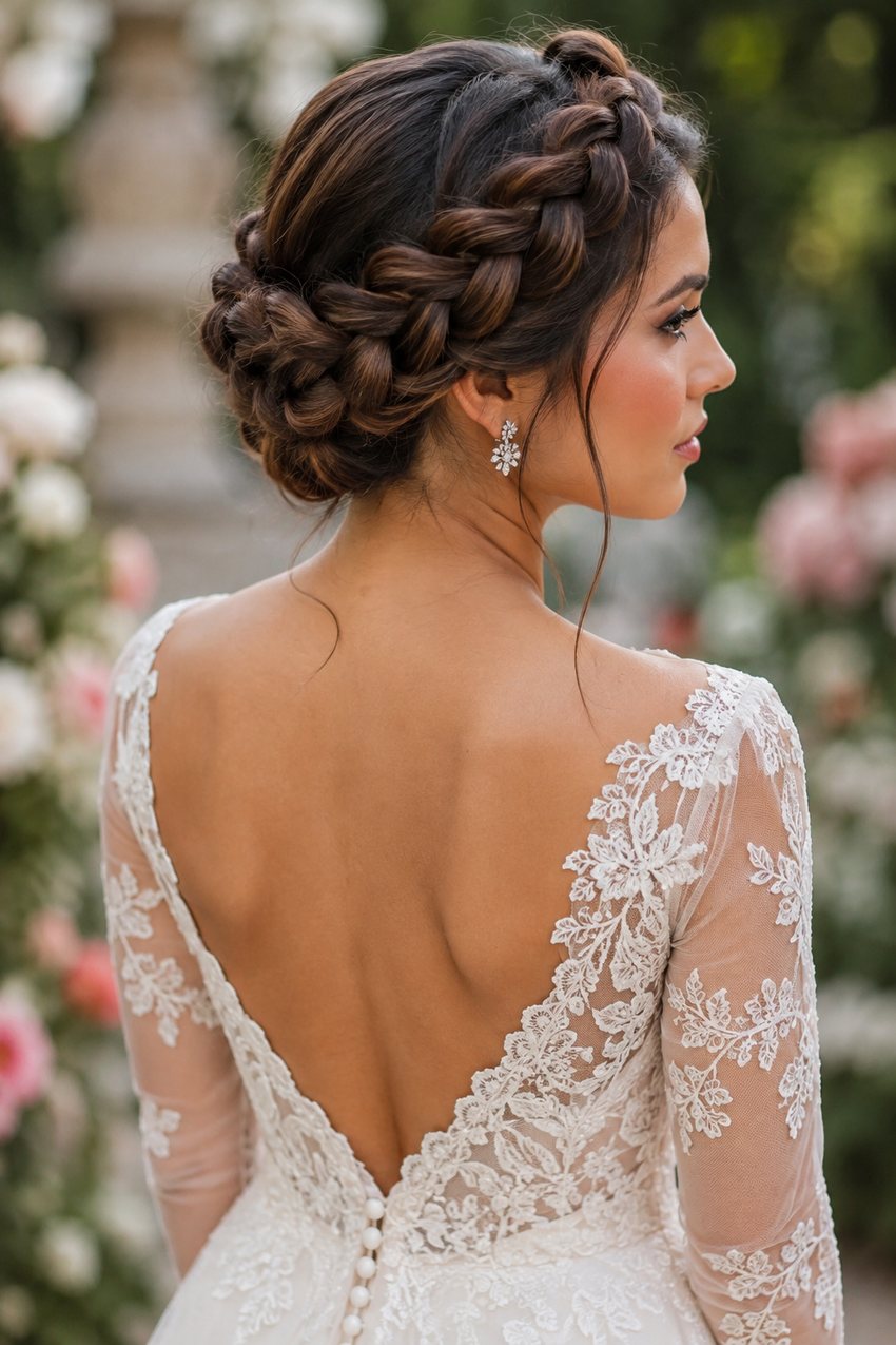 Bride with a full halo braid wrapped around the head