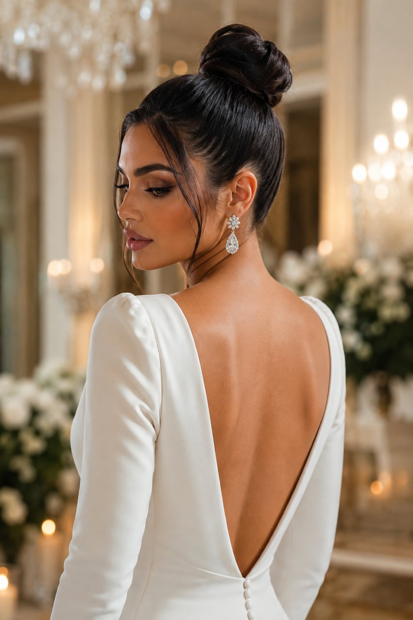 Bride with a high, polished top knot