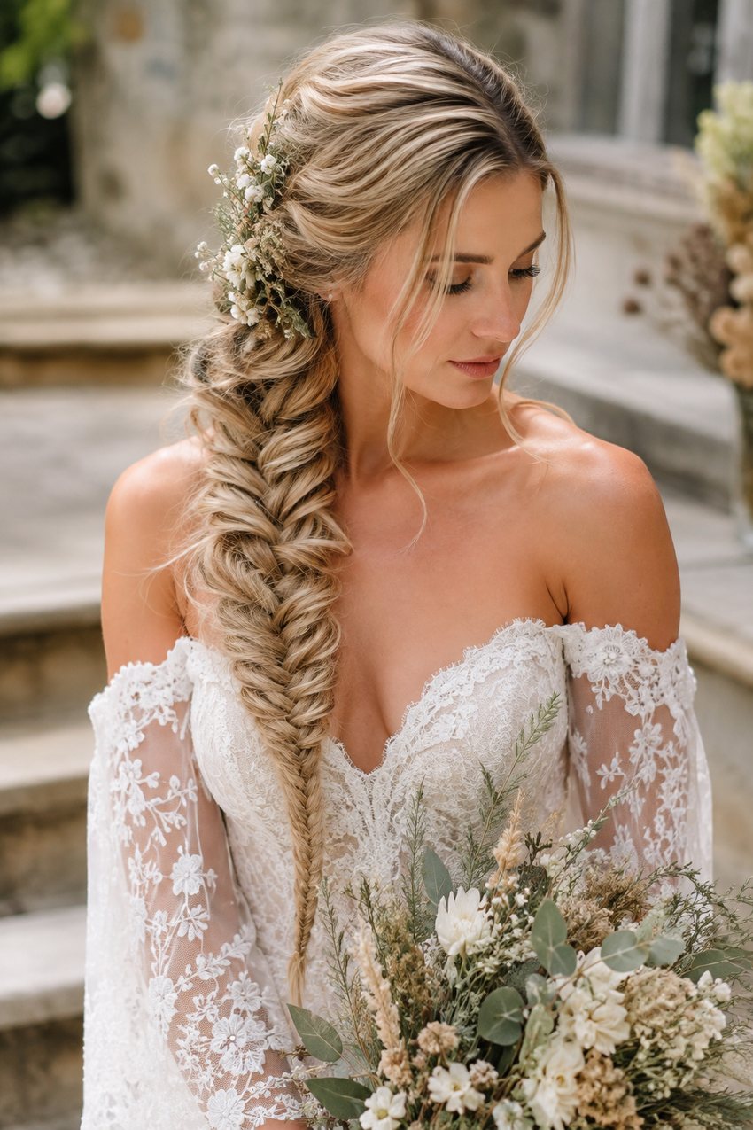 Bride with a long fishtail braid draped over one shoulder